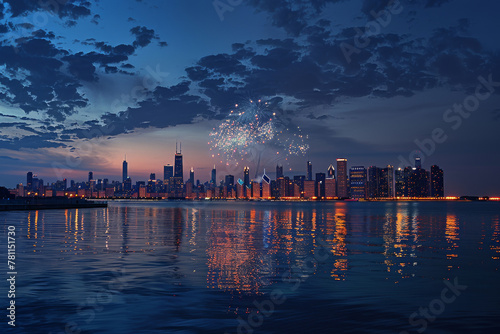 4th of July serenity: Fireworks twinkle over Chicago's dusk-lit skyline and calm waters photo