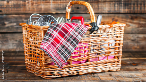 A basket full of kitchen items and a red and black plaid cloth. The basket is on a wooden table