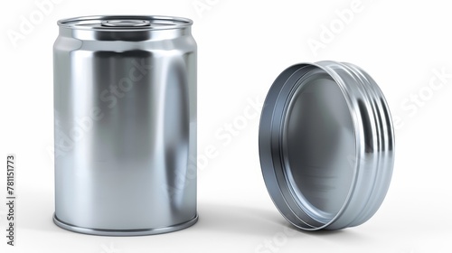 This is a realistic 3D modern mockup of a tin can with an open key on the front and an angle view. Blank cylinder metal jar with a pull ring on the lid. A silver colored aluminium canister for a cold photo