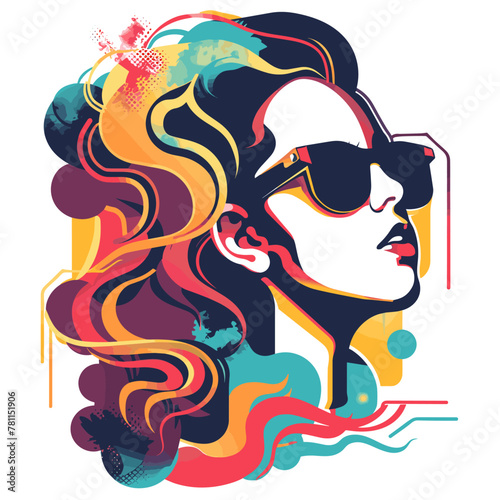 A woman with colorful hair and sunglasses is the main focus of the image. The vibrant colors and the woman's pose suggest a fun and energetic mood. The sunglasses add a cool