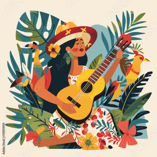 A Latin America woman is playing a guitar in a jungle setting. The birds in the background are colorful and seem to be enjoying the music
