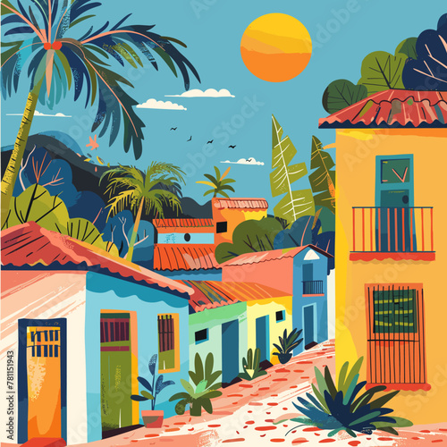 A colorful painting of a Latin America tropical town with palm trees and houses. The mood of the painting is bright and cheerful