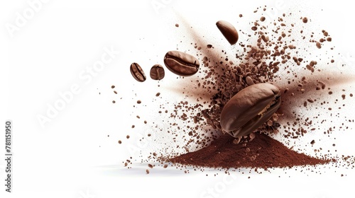 Isolated on white background, modern illustration of shredded roasted ground coffee and burst of arabica grain with splash of brown dust. photo