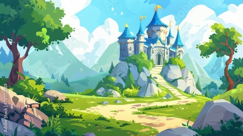 An animated cartoon of a fairy tale castle set in the mountains with rocks, trees, a road, towers and windows. How it would look in a medieval fantasy world.