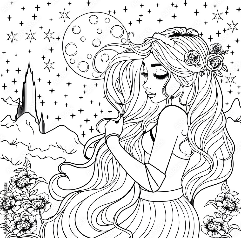 A girl with long hair stands among flowers on the background of a starry sky. page for colouring black and white lines A girl with long hair stands among flowers on the background of a starry sky. page for colouring black and white lines