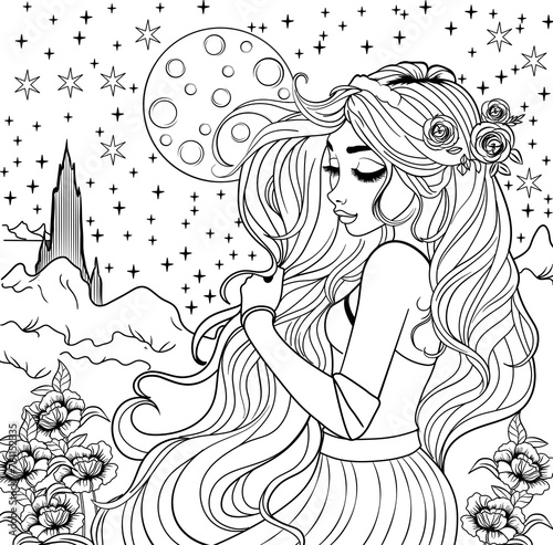 A girl with long hair stands among flowers on the background of a starry sky. page for colouring black and white lines