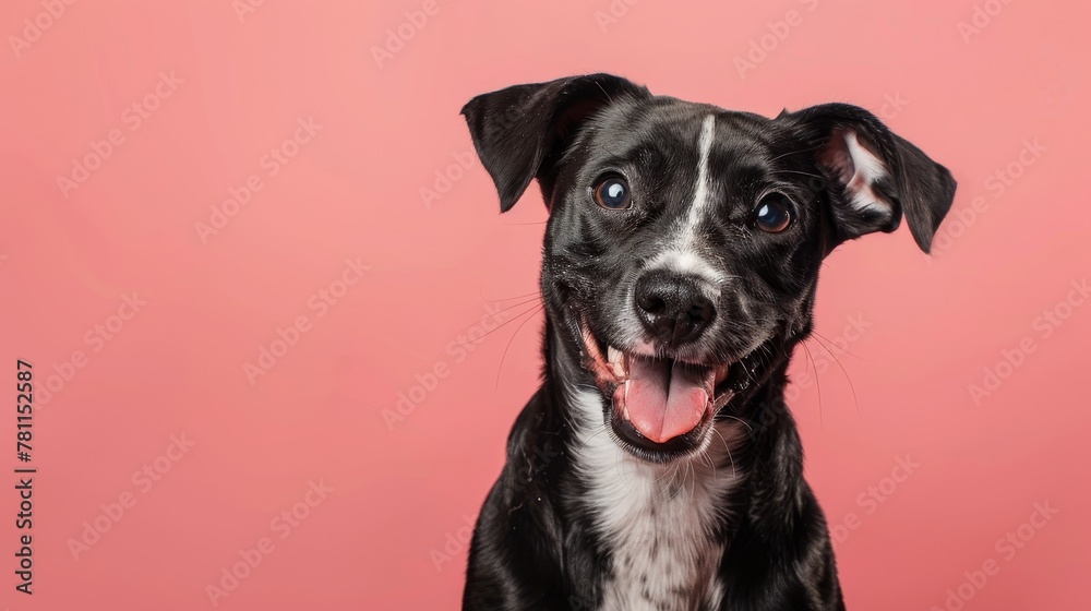 Against a pink background, a black, brown, and white mixed breed rescue dog smiles in a studio portrait