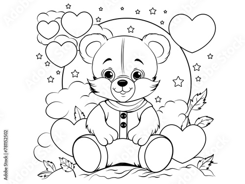 Cute toy bear sitting on a background of hearts, children's minimalist colouring book, black and white lines