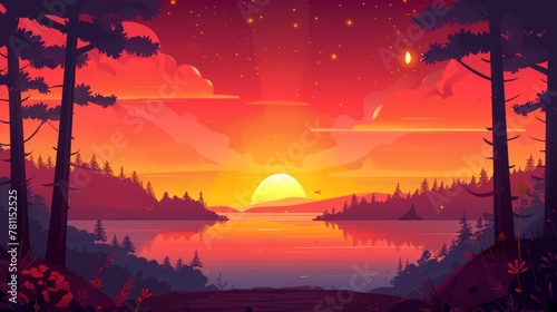 Nature scenery with sunrise  coniferous forest on river shore and clouds on red sky with sunset. Modern cartoon illustration of nature scenery with sunrise  clouds on red sky  silhouettes on hills