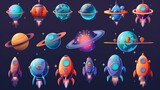 Cartoon modern illustration with alien shuttles, spaceships, rockets, planets and asteroids. Isolated fantasy cosmic objects, computer game graphic design elements, funny space collection.