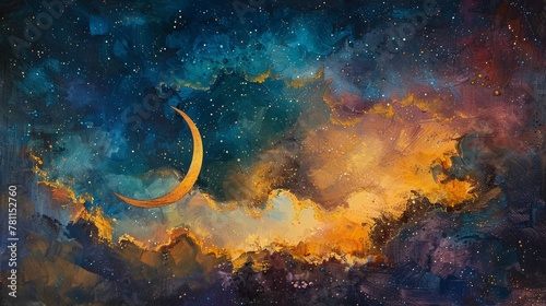 Abstract, colorful celestial scene with stars and moon, space mysterious theme, oil with palette knife, against a multihued background with theatrical lighting