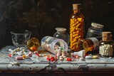 An art piece depicting a collection of pills and bottles arranged on a table, A still life painting of painkillers displayed as a dangerous beauty, AI Generated