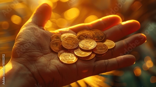 A high-angle view of a person's hand holding a handful of coins, the skin tone complementing the warm orange tones of the background. photo