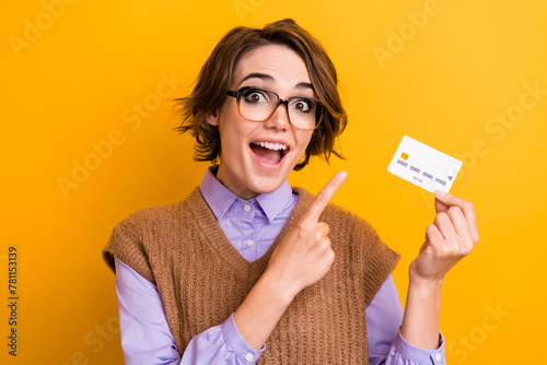Obraz na plátně Photo of impressed attractive girl dressed knitwear waistcoat in glasses directi