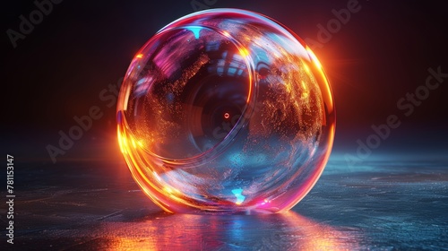 Abstract 3D glass liquid with holographic effect. Transparent glass circle liquid object, soap bubble with reflection. 3D modern illustration. photo