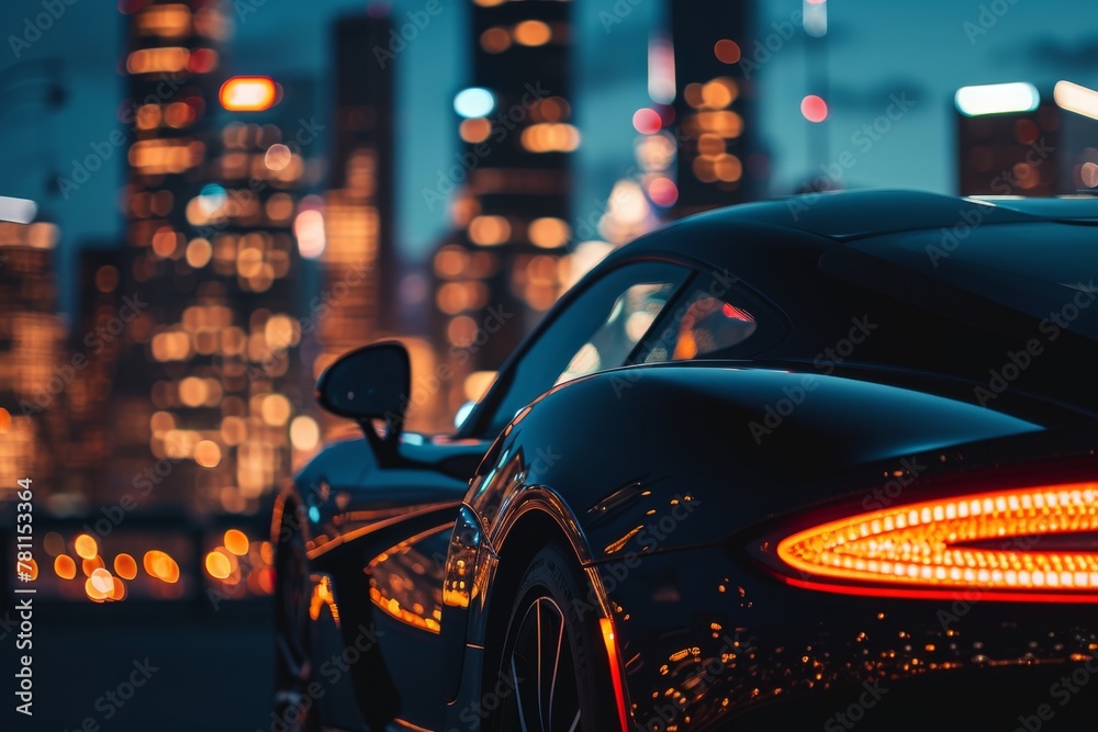 Black Sports Car Parked in Front of City at Night, A sports car with a city skyline reflected in its windows, AI Generated