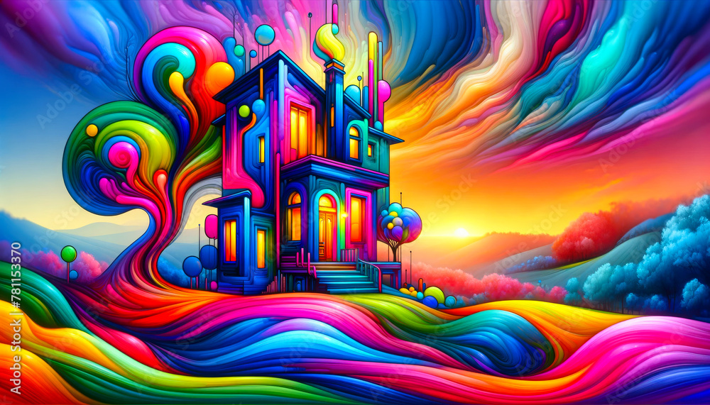 Fantastical house surrounded by a swirl of psychedelic colors that seem to flow like a river. The architecture, with its illuminated windows and bold outlines.