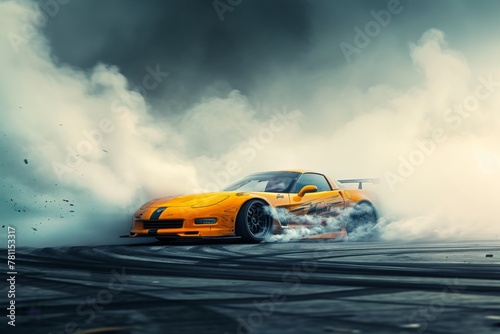 Yellow Sports Car Emitting Smoke, A sports car victorious, spinning â€˜donutsâ€™ on the track after winning a race, AI Generated