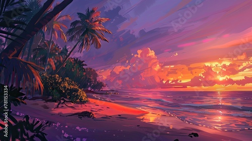 Tropical sunset beach. Generative AI