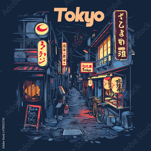 A poster of Tokyo with neon lights and signs. The poster is blue and has a lot of detail