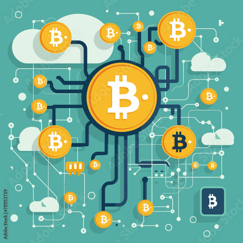 A colorful drawing of a bunch of coins with the letter B in the middle. The coins are connected to each other in a web-like pattern