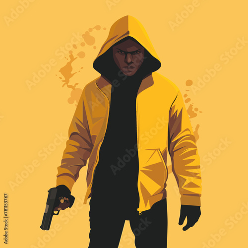 A crime man in a yellow hoodie is holding a gun