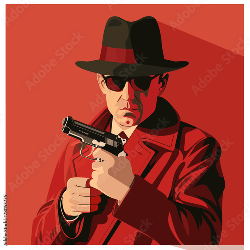 A crime man in a red coat holding a gun. The man is wearing a hat and sunglasses. The image has a mood of danger and suspense