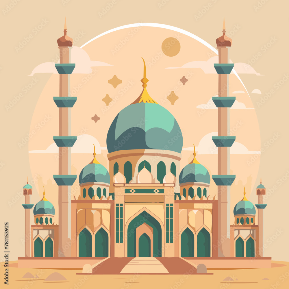 A large, ornate mosque building with a blue dome sits in a desert landscape. The building is surrounded by smaller buildings, and the sky is filled with clouds. Concept of grandeur and majesty