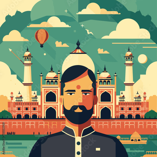 A Indian man with a beard stands in front of a large building. The man is wearing a black shirt and a turban. The sky is cloudy and the man is looking at the camera
