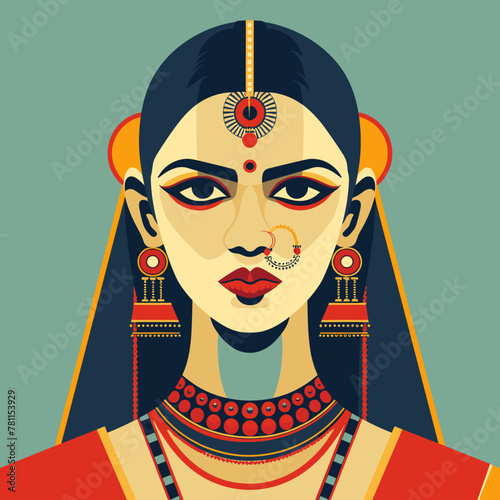 A Indian woman with a nose ring and bangles on her ears. The woman is wearing a red dress and has a red nose ring