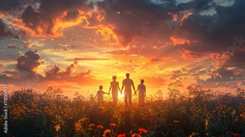 Bathed in the hues of dusk, a family's silhouette intertwines, a portrait of closeness and love against the backdrop of the setting sun.
 photo