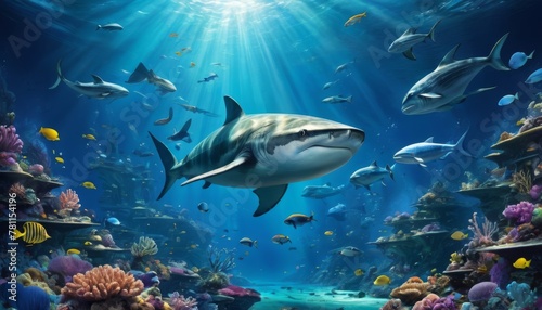 A formidable shark dominates the bustling underwater scene, gliding through a vibrant coral reef teeming with diverse marine life.. AI Generation