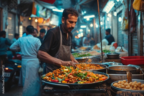 A man is seen actively preparing food at a street vendor, skillfully cooking and arranging ingredients, A street food vendor during Ramadan, AI Generated photo