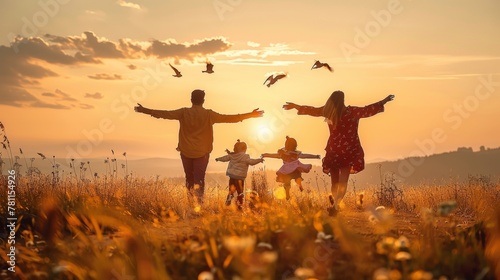 With outstretched arms, they mimic birds in the sky, chasing laughter as the sun dips low. In this field of dreams, happiness knows no bounds for this family united in play.
 photo