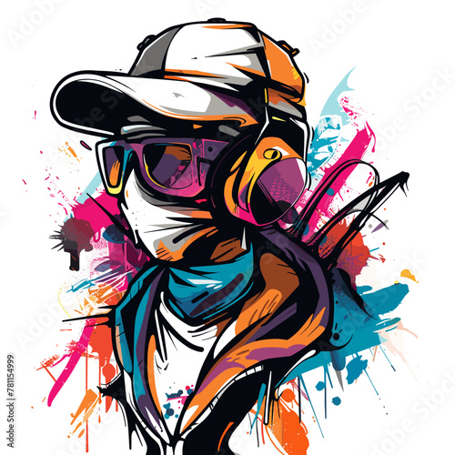 A man wearing a hat and sunglasses with headphones on. The man is wearing a white shirt and blue scarf. The background is colorful and splattered with paint