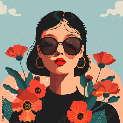 A woman wearing sunglasses and a red lipstick is surrounded by red flowers. The flowers are in various sizes and are scattered around her. Scene is playful and fun, with the woman looking confident