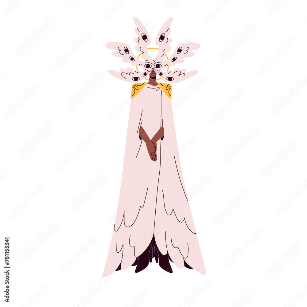 Obraz premium Archangel costume for Halloween party. Woman in mask with feathers, cloak on Helloween carnival. Person dressed in angel character on masquerade. Flat isolated vector illustration on white background