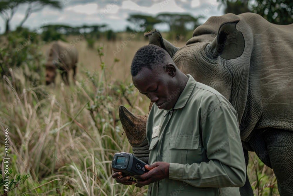 Fototapeta premium Ranger Using GPS Device for Wildlife Tracking with Rhino in Background