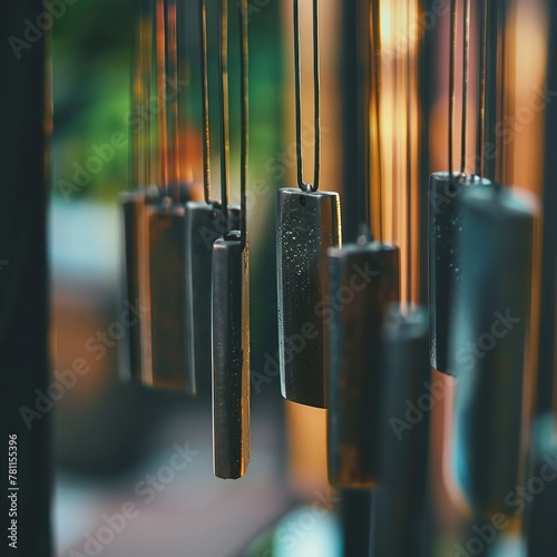 A close-up of a gently swaying wind chime