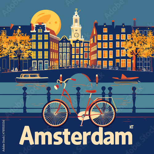 A painting of a city with a bicycle in the foreground and the word Amsterdam in the bottom right corner