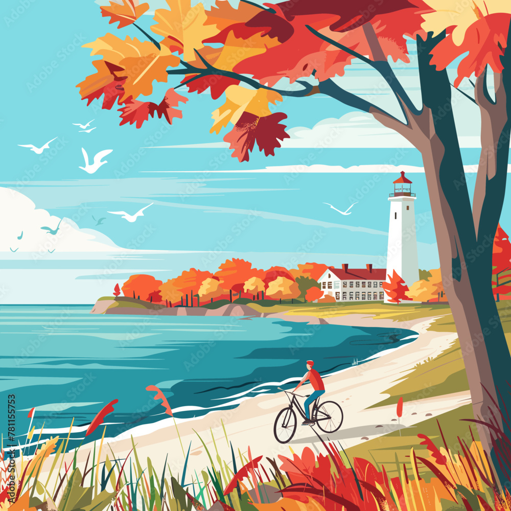 A man is riding a bicycle on a Michigan beach near a lighthouse. The scene is set in autumn, with trees and leaves in the background