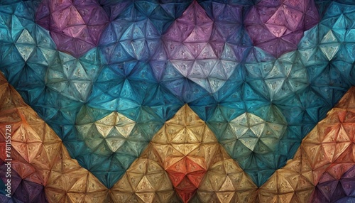 Multicolored geometric crystal facets create a visually striking pattern with a textured, three-dimensional appearance.. AI Generation