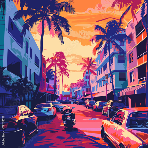 A colorful painting of a Florida city street with palm trees and cars. The mood of the painting is vibrant and lively, with the bright colors and the palm trees adding a tropical feel to the scene