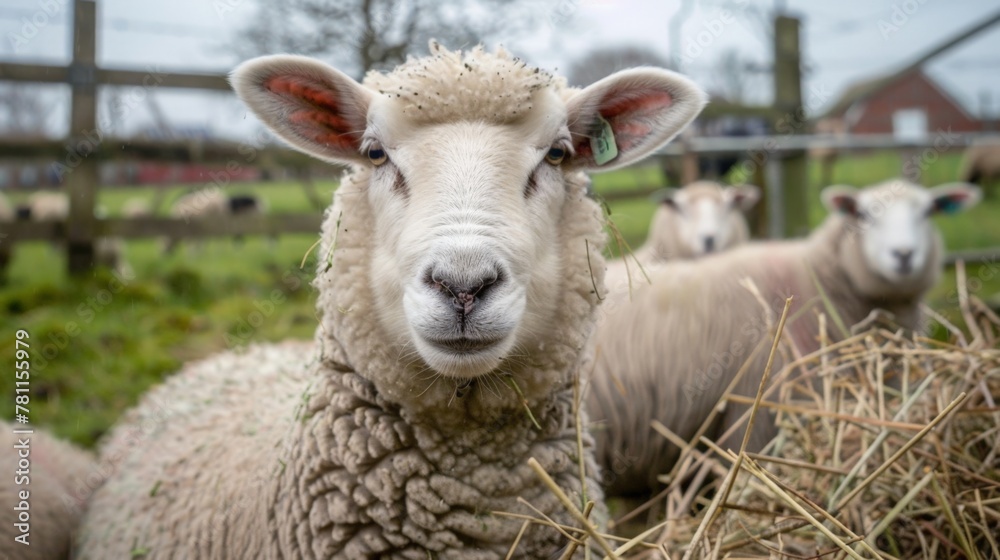 Fototapeta premium Sheep grazing hay field together