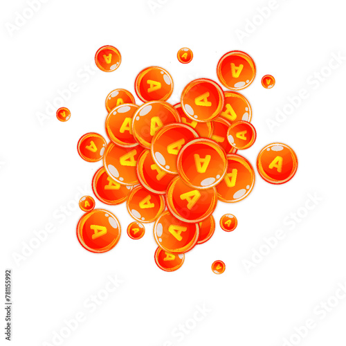Vitamin A round capsules scattered randomly.