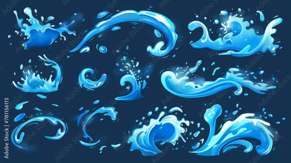 Modern cartoon set of flowing water streams, tide, falling aqua, and burst effect with splat isolated on a blue background. Modern cartoon set of flowing water streams, tide, falling aqua, and burst effect with splat isolated on a blue background.