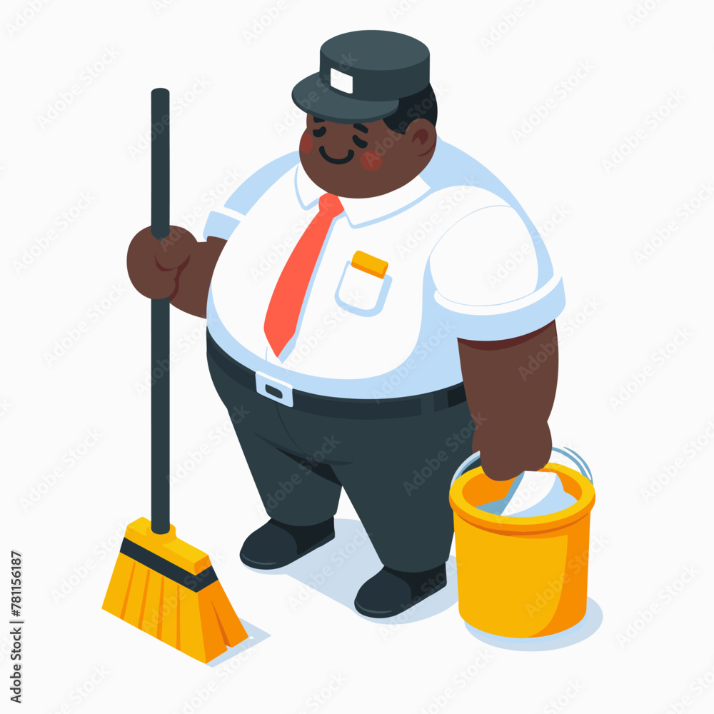 Janitor black man Isometric Minimal Cute Character, Wearing Headphones and Hold Game Controller, Cartoon Clipart Vector illustration, isolated on White background Janitor black man Isometric Minimal Cute Character, Wearing Headphones and Hold Game Controller, Cartoon Clipart Vector illustration, isolated on White background