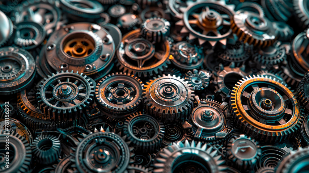 Pile of assorted metal gears and cogs. Spare parts for industrial machines. Pile of assorted metal gears and cogs. Spare parts for industrial machines.