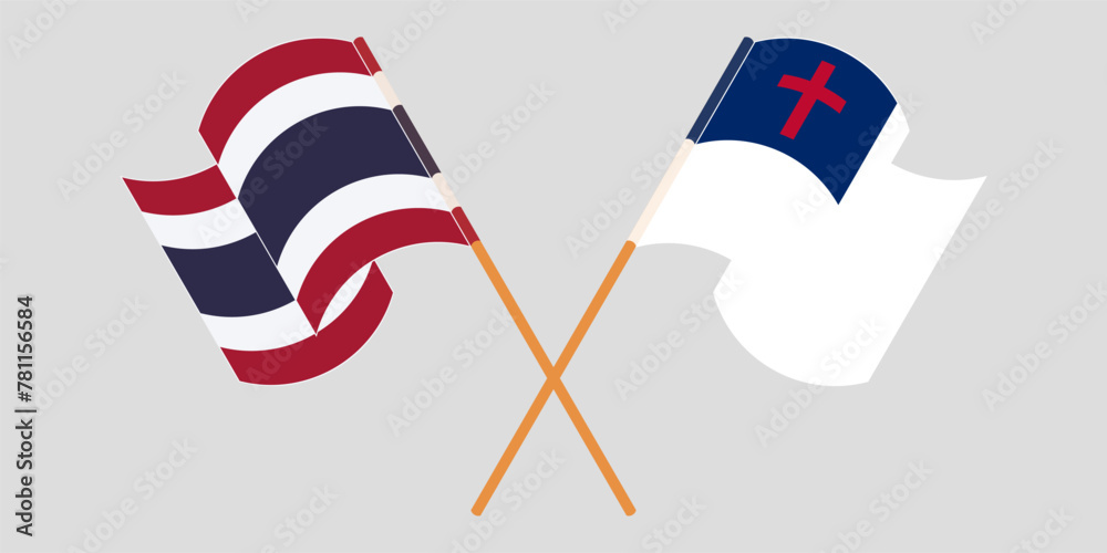 Crossed and waving flags of Thailand and christianity Crossed and waving flags of Thailand and christianity