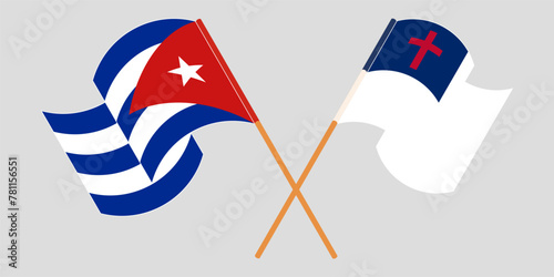 Crossed and waving flags of Cuba and christianity